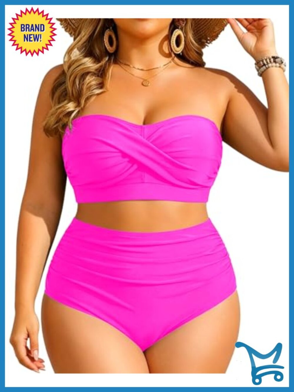 Plus Size Two Piece Bandeau High Waisted Tummy Control Bikini Swimsuit